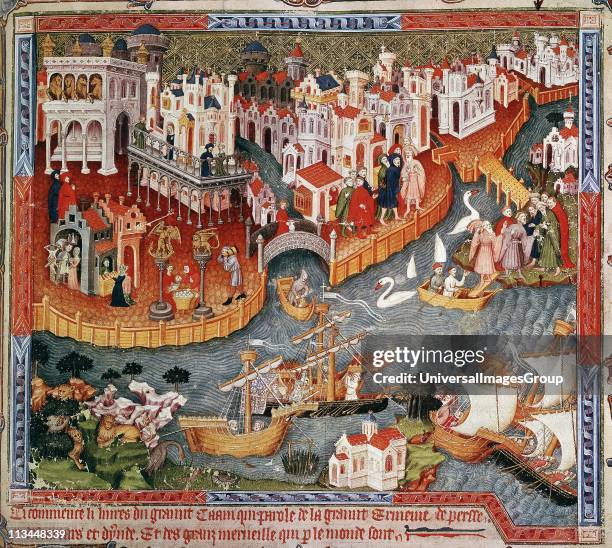 Marco Polo setting out from Venice with his father and uncle for court of Kublai Khan where they arrive 1275. Travels of Marco Polo, 15th century...