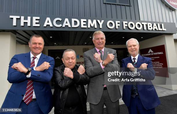 Terry Westley, Sir Trevor Brooking, David Sullivan and David Gold outside the New Training Facility at Chadwell Heath on April 2, 2019 in Chadwell...