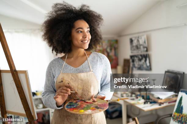 portrait of beautiful fine artist with palette and paintbrush - woman painting stock pictures, royalty-free photos & images