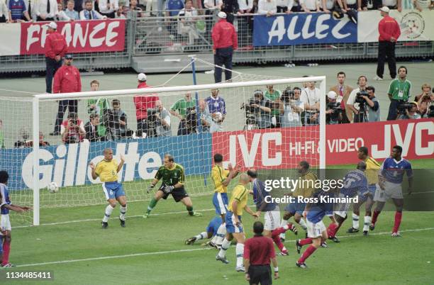 France player ‎Zinedine Zidane scores the second France goal during the 1998 FIFA World Cup Final between France and Brazil at the Stade de France in...