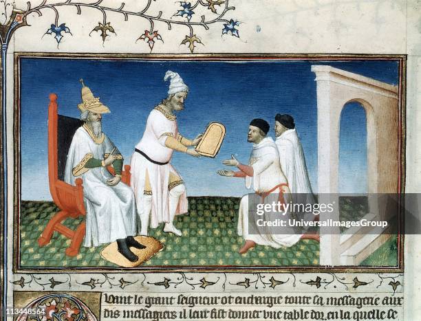 Marco Polo Venetian traveller and merchant. 'Book of Marvels ...' early 15th century manuscript illustrated by Masters Boucicaut and Bedford. Kublai...