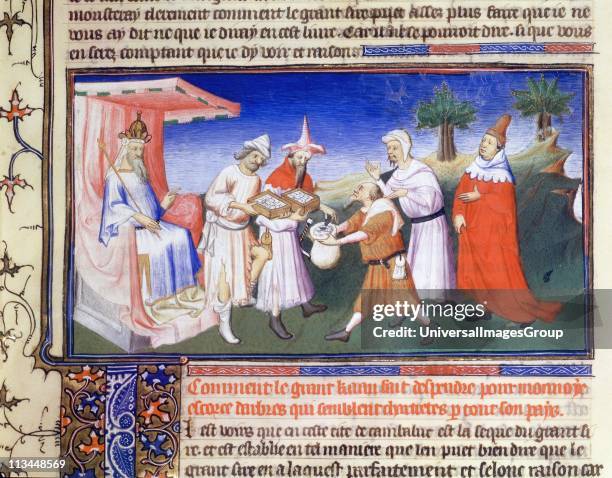 Marco Polo Venetian traveller and merchant. 'Book of Marvels ...' early 15th century manuscript illustrated by Masters Boucicaut and Bedford. Kublai...