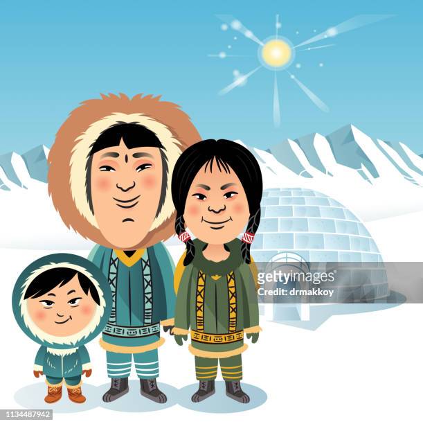 illustrations, cliparts, dessins animés et icônes de famille inuit d'igloo ve - nord ouest américain