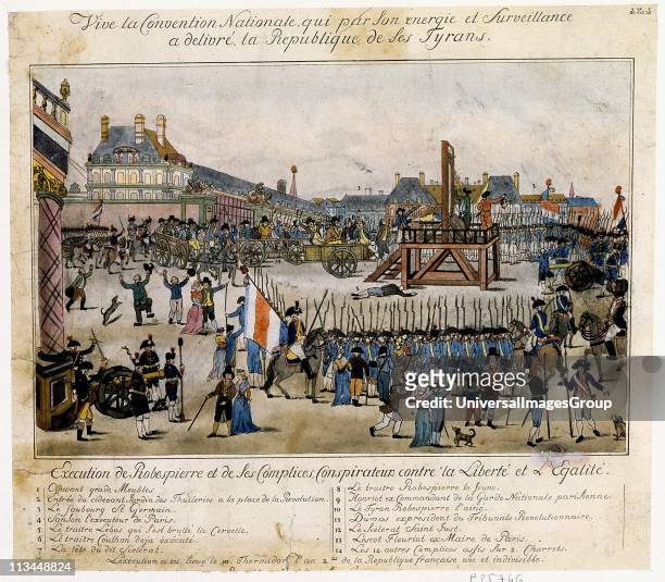 Execution by guillotine of Robespierre French revolutionary, and his conspirators. Robespierre mounts scaffold. In cart left of scaffold are Hanriot,...