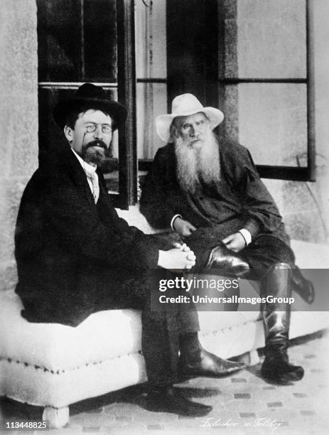 Anton Chekhov Russian writer, left, with Leo Tolstoy Russian writer, philosopher and mystic. Photograph.