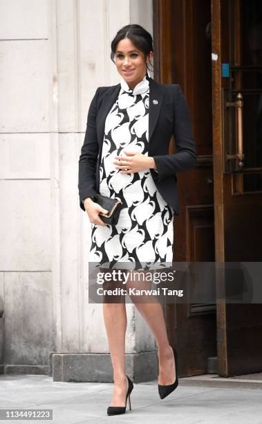 Meghan, Duchess of Sussex departs after joining a panel discussion convened by The Queen’s Commonwealth Trust to mark International Women’s Day at...