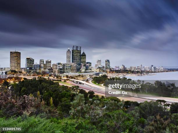 perth skyline, viewed from kings park, perth, australia - perth skyline stock pictures, royalty-free photos & images