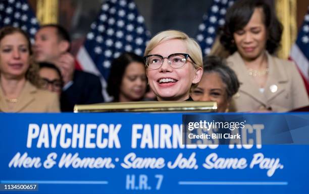 Actress Michelle Williams speaks during the Democratic Womens Caucus press conference marking Equal Pay Day and celebrating passage of the Paycheck...