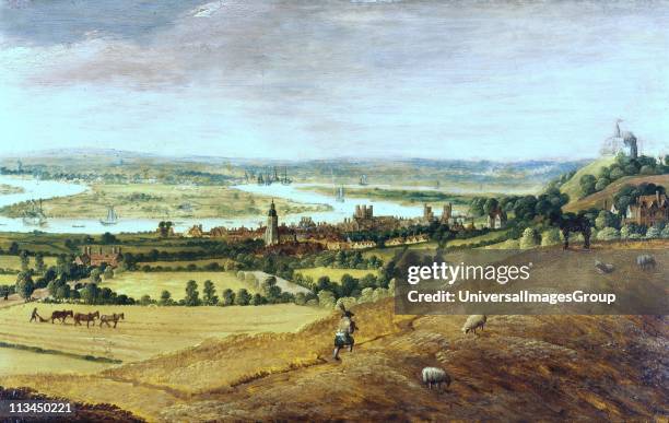 The environs of London, view over Greenwich. Flemish School, 1620-1630. Centre right old Grenwich Palace beside the Thames which meanders through the...