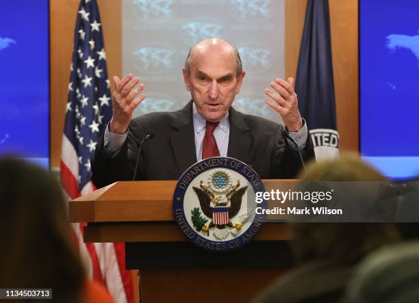 Special Representative for Venezuela Elliott Abrams briefs the media on the current situation in the country, in the briefing room at the Department...