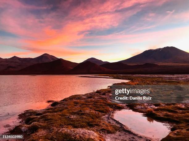 salt flat lake sunset reflections on the border of chile and bolivia - bolivian navy stock pictures, royalty-free photos & images