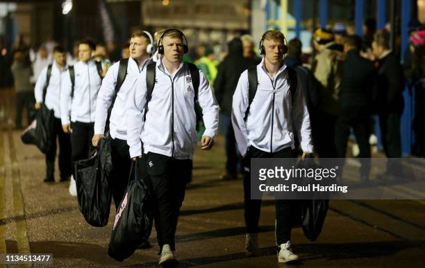 Nic Dolly of England and Ollie Fox of England arrive at the groundbefore the Under 20's Six Nations match between England U20 and Italy U20 at...