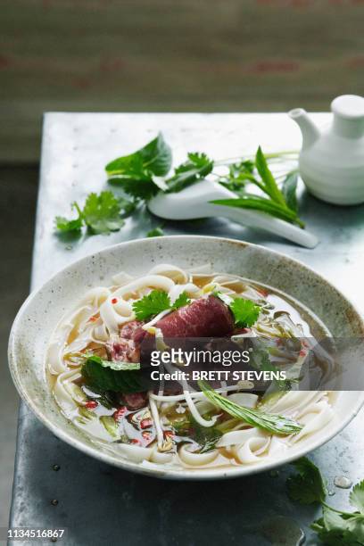 bowl of pho soup with noodles - pho soup ストックフォトと画像