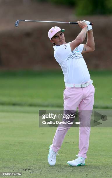 Rickie Fowler of the United States plays his second shot on the par 4, first hole during the second round of the 2019 Arnold Palmer Invitational...