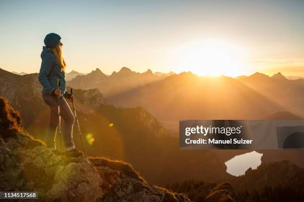 hiker standing on rocky hilltop - fassen foto e immagini stock