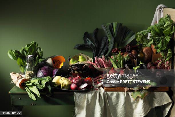 fruits and vegetables on table - still life foto e immagini stock