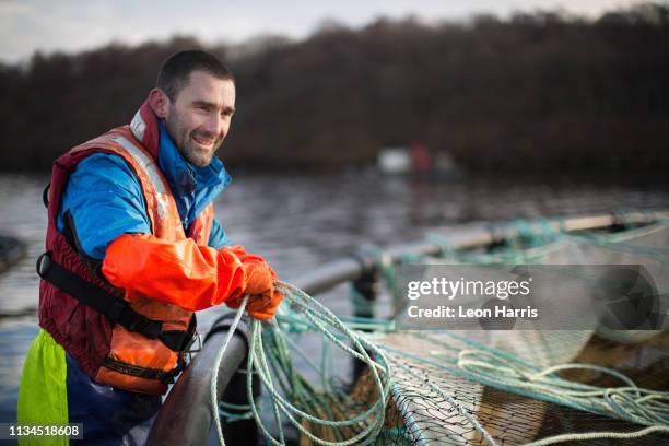 worker at salmon farm in rural lake - fish farm stock pictures, royalty-free photos & images