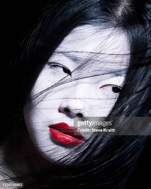 young woman with dramatic makeup, white face and red lipstick - gothare bildbanksfoton och bilder