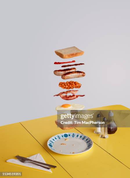 english breakfast sandwich deconstructed - breakfast sausage stock-fotos und bilder