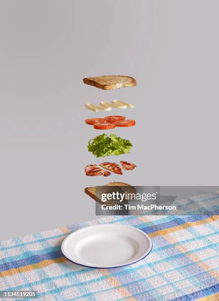 bacon, lettuce and tomato sandwich deconstructed - food mid air stock pictures, royalty-free photos & images