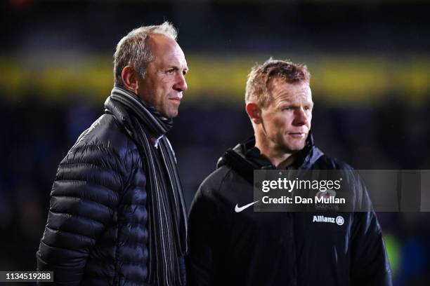 Mark McCall, Saracens’ Director of Rugby chats to Brendan Venter prior to the Gallagher Premiership Rugby match between Bath Rugby and Saracens at...