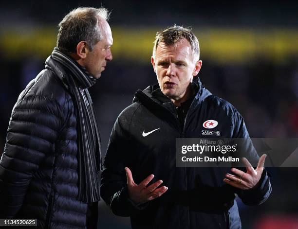 Mark McCall, Saracens’ Director of Rugby chats to Brendan Venter prior to the Gallagher Premiership Rugby match between Bath Rugby and Saracens at...