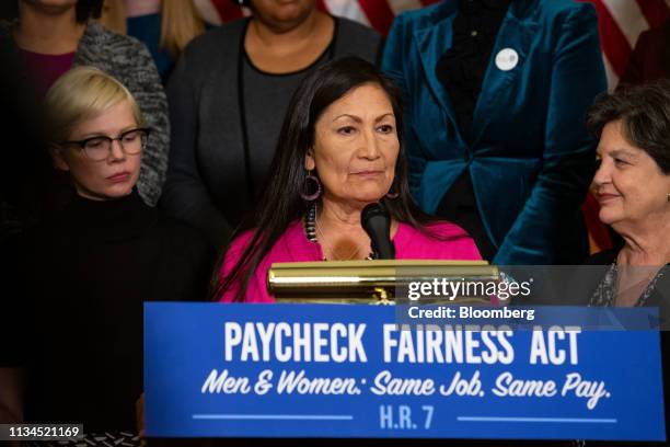 Representative Deb Haaland, a Democrat from New Mexico and vice chair of the Democratic Women's Caucus, center, speaks during a news conference for...