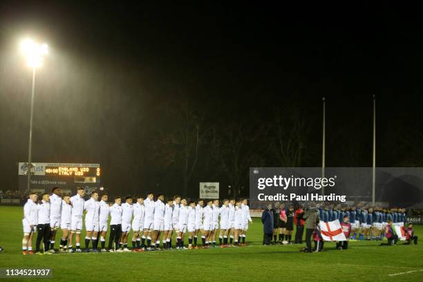 The teams sing the national anthems before the Under 20's Six Nations match between England U20 and Italy U20 at Goldington Road on March 08, 2019 in...