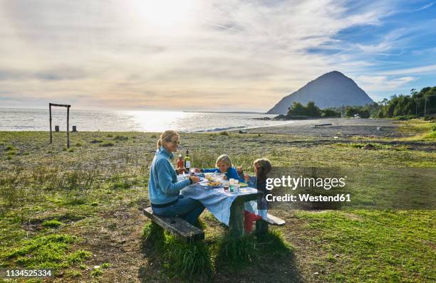 chile, chaiten, carretera austral, family having picnic at the beach - family picnic stock pictures, royalty-free photos & images