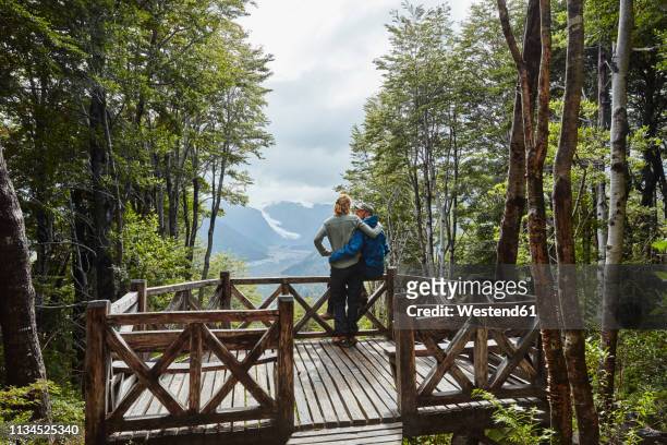 chile, chaiten, parque pumalin, couple on observation deck looking at glacier - observation point fotografías e imágenes de stock