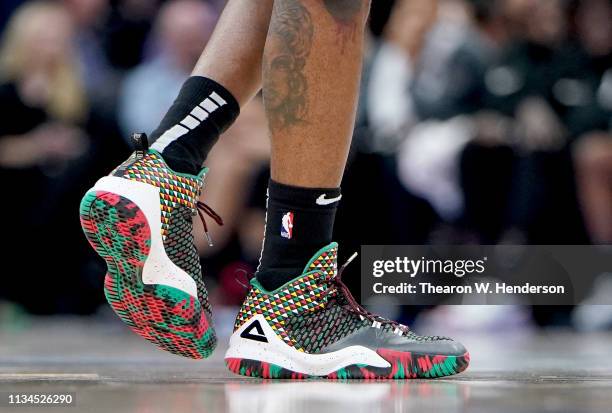 Detailed view of the "Peak" basketball shoes worn by Lou Williams of the LA Clippers against the Sacramento Kings during an NBA Basketball game at...