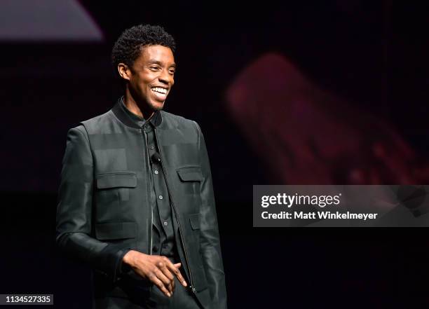 Chadwick Boseman speaks onstage at CinemaCon 2019 The State of the Industry and STXfilms Presentation at The Colosseum at Caesars Palace during...