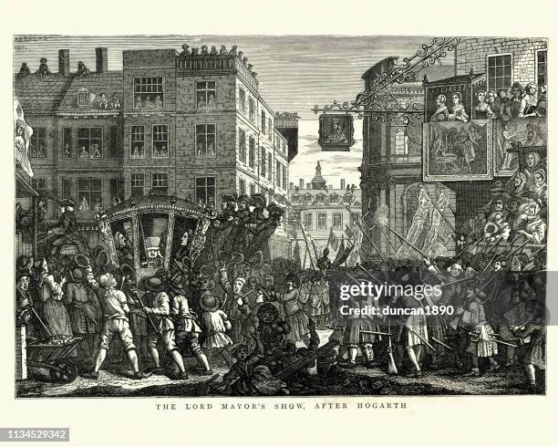 lord mayor's show, london after hogarth - london 18th century stock illustrations