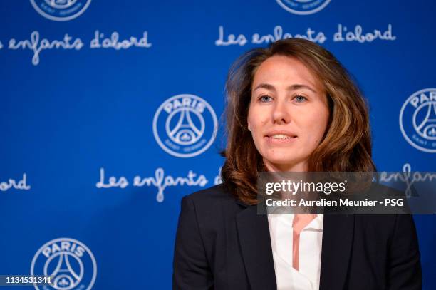 Sabrina Delannoy gives a speech during the international Women's day at Parc des Princes on March 08, 2019 in Paris, France.