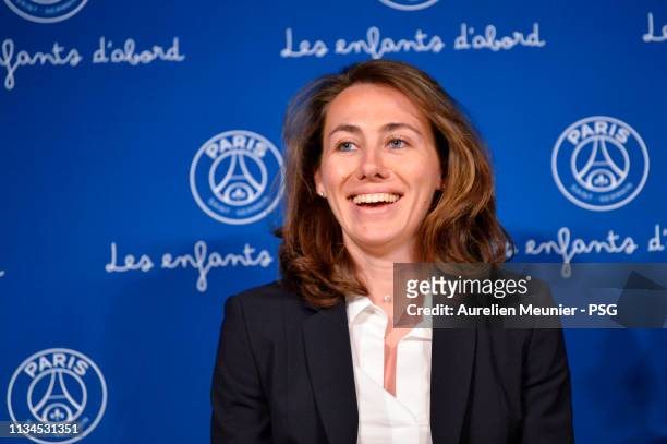 Sabrina Delannoy gives a speech during the international Women's day at Parc des Princes on March 08, 2019 in Paris, France.
