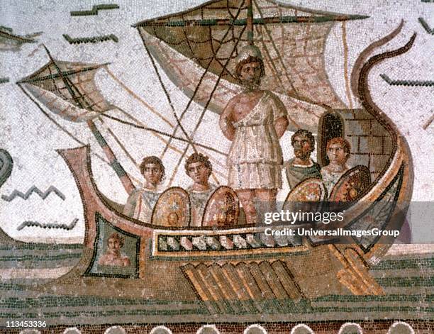 Odysseus tied to the mast of his ship to save him from the Sirens. Homer Odyssey, epic Greek poem. Roman mosaic, 3rd century AD, Tunis.