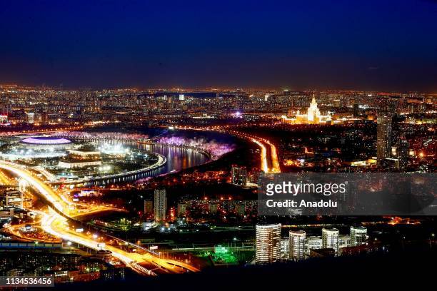 General view of Luzhniki Stadium is seen from Moscow City business center's 85th floor on the evening in Moscow, Russia on April 02, 2019.