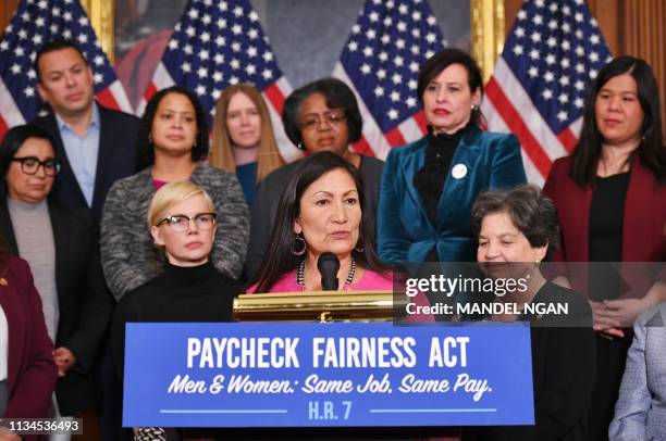 Representative Deb Haaland, D-NM, speaks at an event to celebrate the Paycheck Fairness Act on Equal Pay Day in the Rayburn Room of the US Capitol in...
