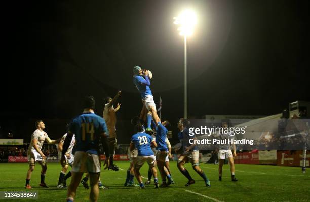 Marco Butturini of Italy wins a lineout during the Under 20's Six Nations match between England U20 and Italy U20 at Goldington Road on March 08,...