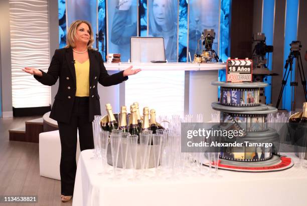 Dra Ana Maria Polo is seen on the set of "Caso Cerrado" during the 18th anniversary celebration of her show on April 2, 2019 in Miami, Florida.