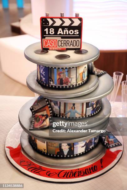 General view of Dra Ana Maria Polo's cake on the set of "Caso Cerrado" during the 18th anniversary celebration of the show on April 2, 2019 in Miami,...
