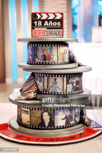 General view of Dra Ana Maria Polo's cake on the set of "Caso Cerrado" during the 18th anniversary celebration of the show on April 2, 2019 in Miami,...
