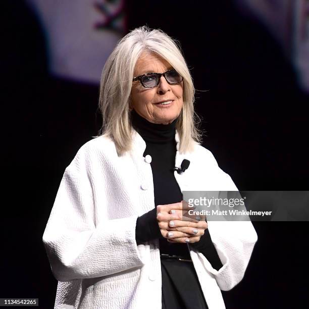Diane Keaton speaks onstage at CinemaCon 2019 The State of the Industry and STXfilms Presentation at The Colosseum at Caesars Palace during...