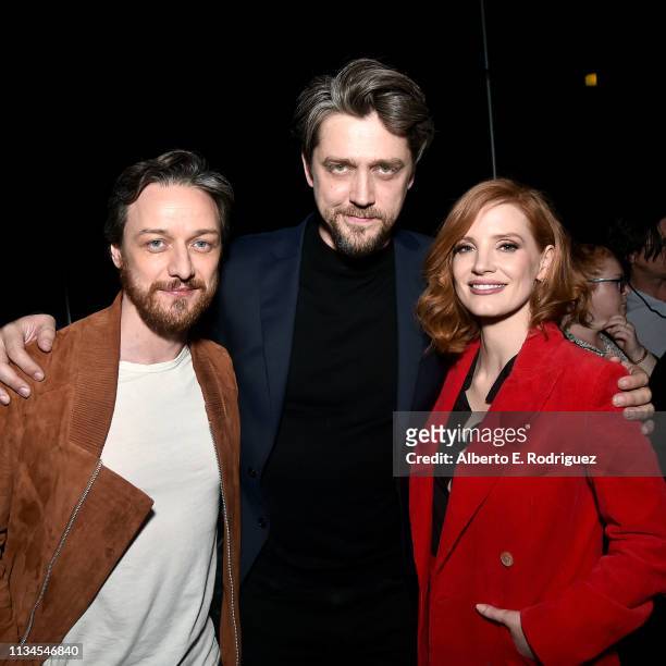 James McAvoy, director Andy Muschietti and Jessica Chastain pose backstage at CinemaCon 2019 Warner Bros. Pictures Invites You to The Big Picture,...