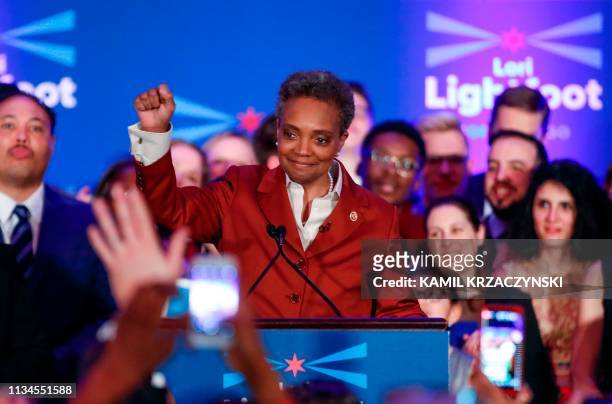 Chicago Mayor-elect Lori Lightfoot arrives on stage before speaking during an election night party, Chicago, Illinois, April 2, 2019. 'In a historic...