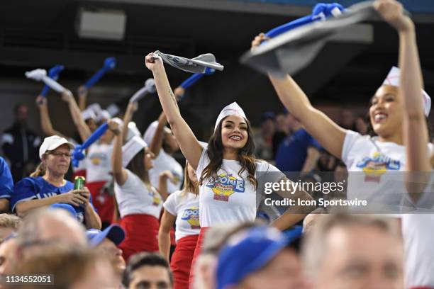 Toronto Blue Jays J-Force cheerleaders cheer during the regular season MLB game between the Baltimore Orioles and Toronto Blue Jays on April 2, 2019...