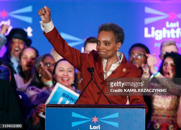 Chicago mayor elect Lori Lightfoot speaks during the election night party in Chicago, Illinois on April 2, 2019. In a historic first, a gay African...