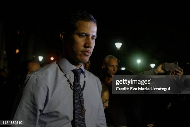 Opposition leader Juan Guaidó leaves a press conference after National Constituent Assembly withdraws his political inmunity on April 2, 2019 in...