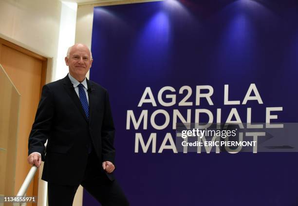 Of French insurance group AG2R-La Mondiale Andre Renaudin poses prior to a press conference to present the group's 2018 results in Paris on April 3,...
