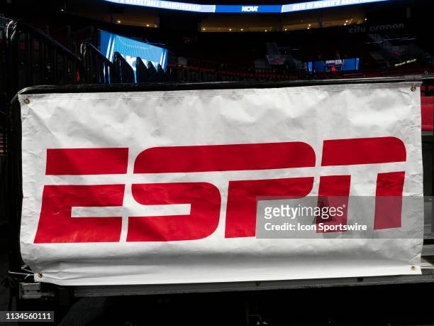 View of the ESPN logo before the NCAA Division I Women's Championship Elite Eight round basketball game between the Oregon Ducks and Mississippi...